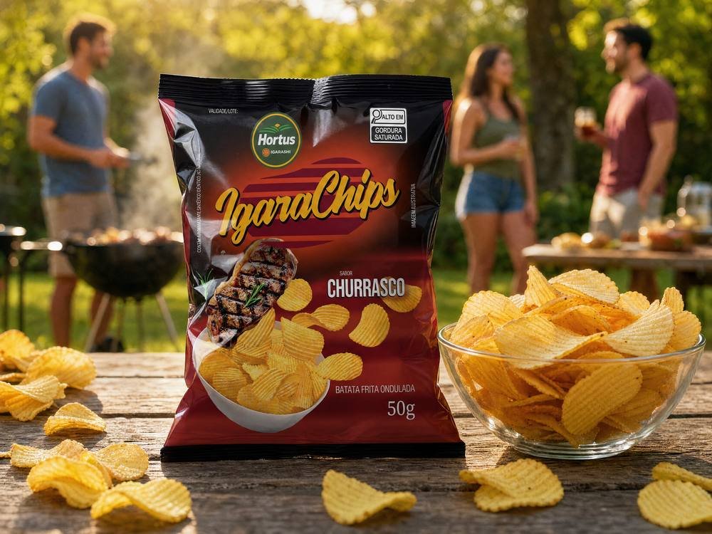 Chips Hortus sabor Churrasco em um encontro no parque, com as batatas soltas sobre a mesa