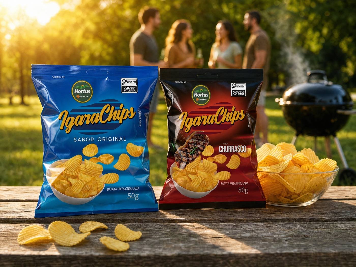 Chips Hortus sabor Original e sabor Churrasco lado a lado na mesa de um piquenique, com a churrasqueira e um grupo de amigos ao fundo