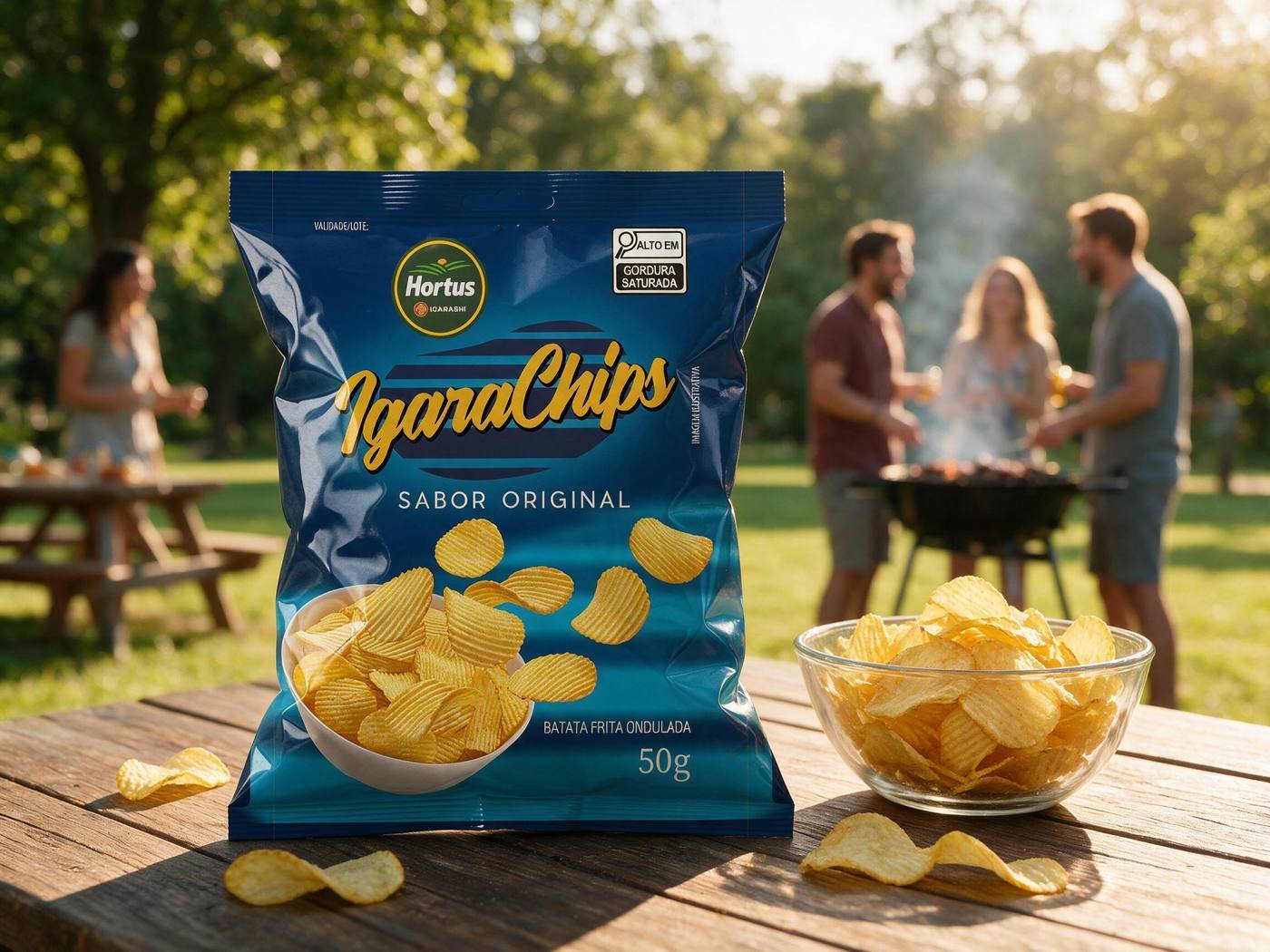 Chips Hortus sabor Original ao ar livre, evocando o frescor da origem no campo