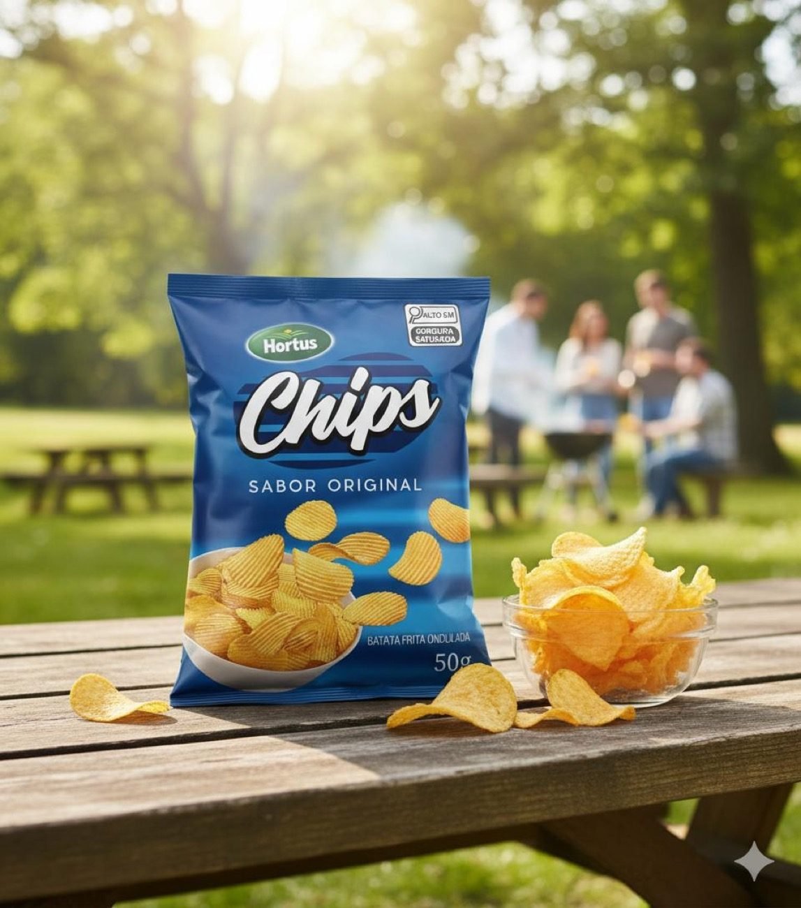 Pacote de Chips Hortus sabor Original em um parque ensolarado, ao lado de uma tigela de batata frita