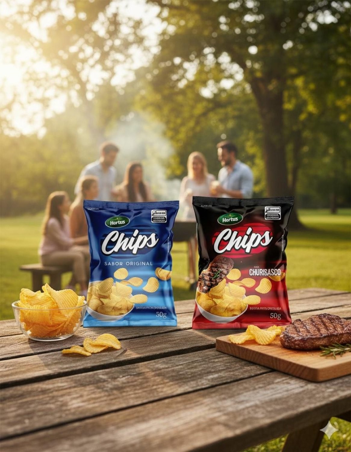 Chips Hortus sabor Original e Churrasco sobre a mesa de um parque, ao lado de uma tigela de batata frita