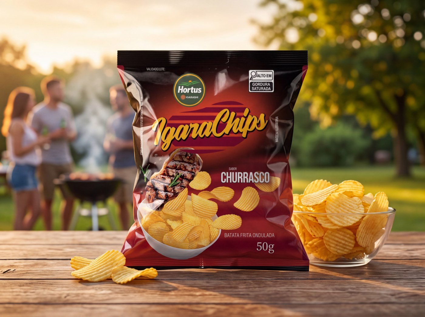 Pacote de Chips Hortus sabor Churrasco na mesma mesa de parque, ao lado de uma tigela de batata frita ondulada