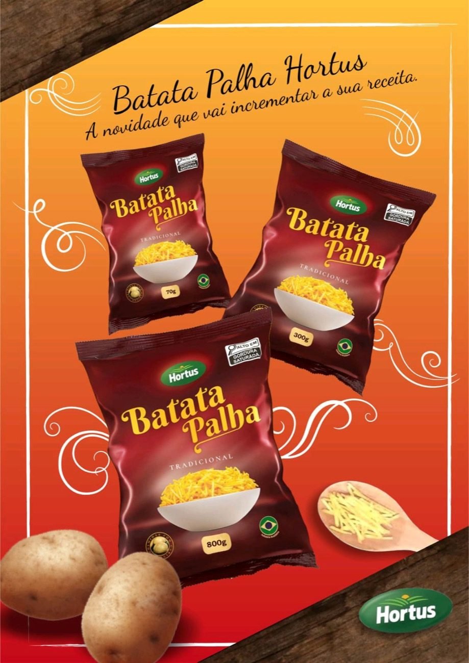 Embalagens de Batata Palha Hortus nos tamanhos 70 g, 300 g e 800 g